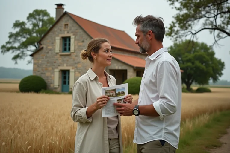 Couple visitant une ferme en pierre traditionnelle en Eure-et-Loir lors d'une recherche immobilière