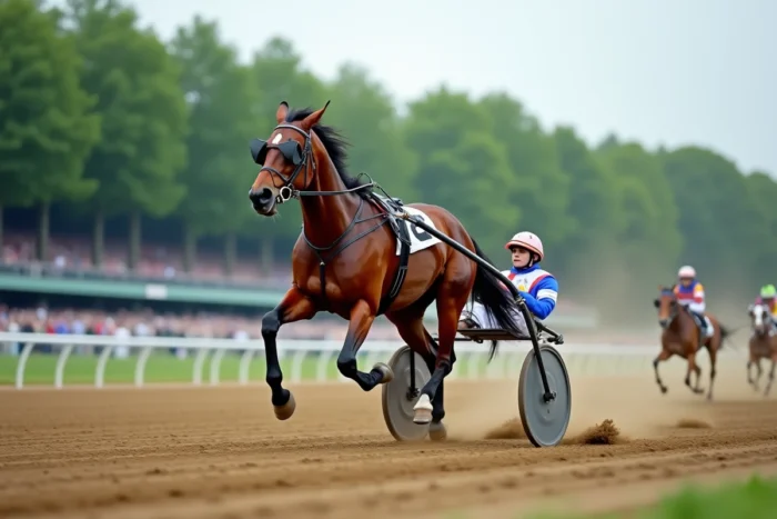 Cheval de trot attelé en plein effort sur un hippodrome avec jockey en silks colorés