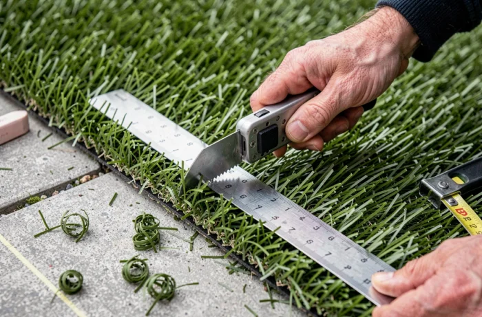 Découpe précise du gazon synthétique au couteau le long d'un bord de terrasse en béton