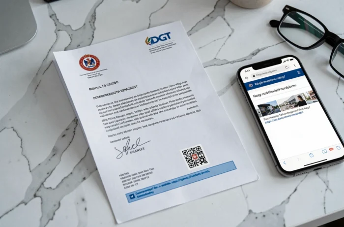 Gros plan sur un avis officiel de multas DGT avec sceau officiel, numéro de référence et QR code posé sur un bureau blanc à côté d'un smartphone