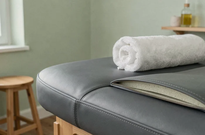 Gros plan sur le rembourrage et les coutures d'une table de massage de qualité professionnelle avec revêtement en simili cuir