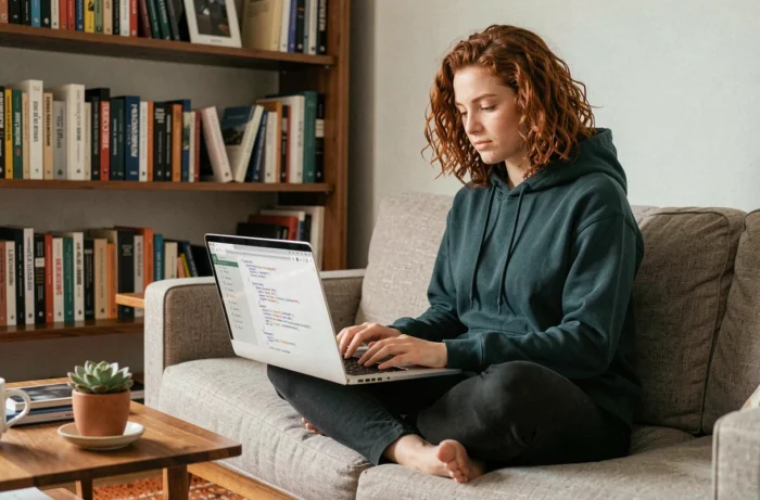 Jeune développeuse travaillant sur un fichier XML de sitemap pour améliorer le référencement de son site