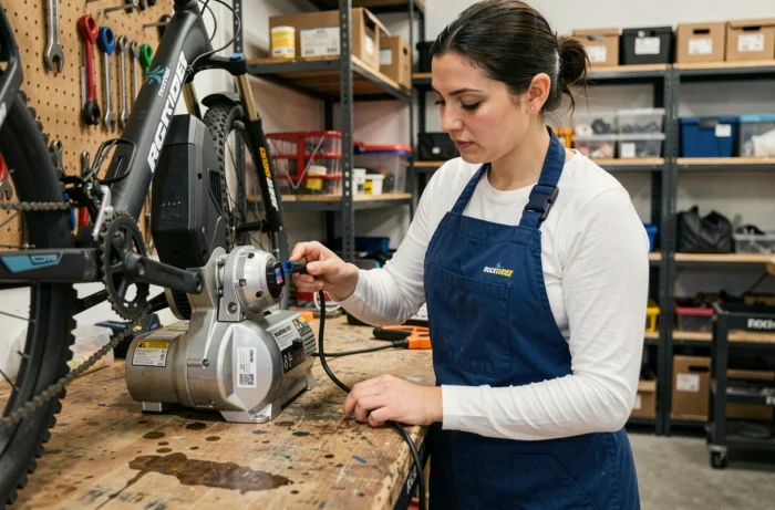 Femme mécanicienne connectant un câble de diagnostic à la batterie d'un vélo électrique Rockrider E-ST 100 dans un garage maison