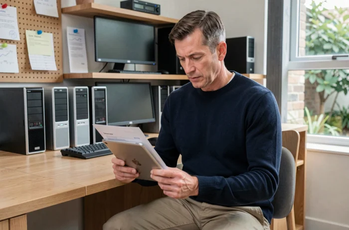 Directeur de start-up consultant un contrat de location informatique devant une flotte d'équipements loués