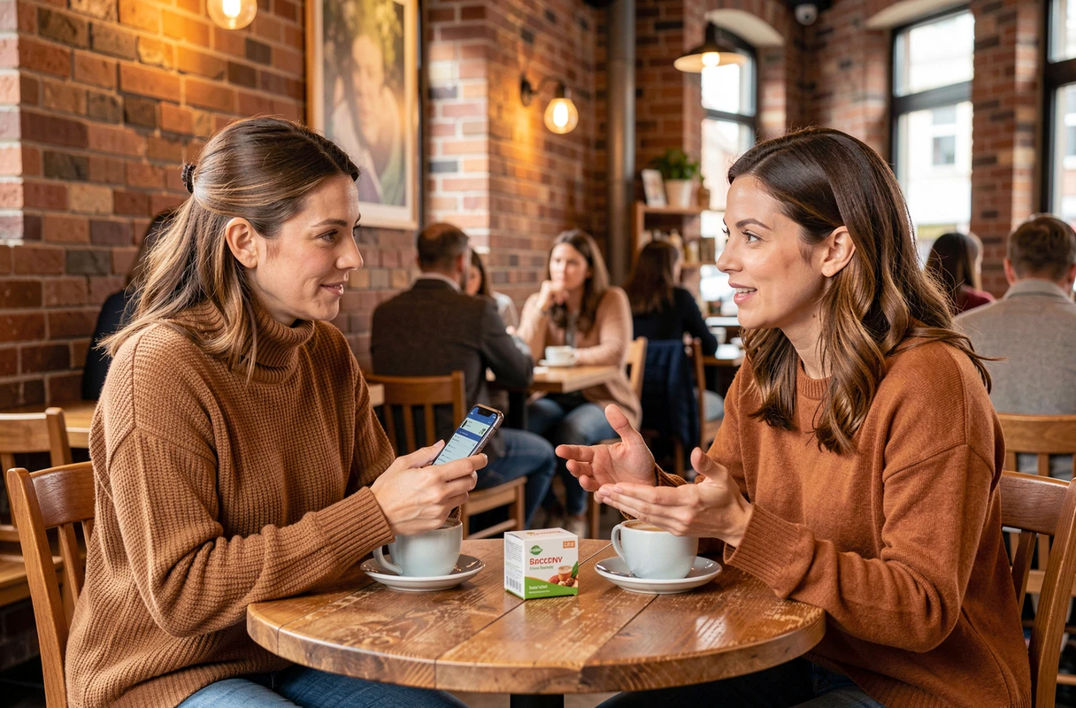 Deux femmes échangeant des avis sur un complément alimentaire contre l'anxiété dans un café