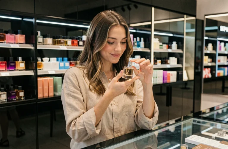 Jeune femme tenant un échantillon de parfum gratuit au comptoir Sephora