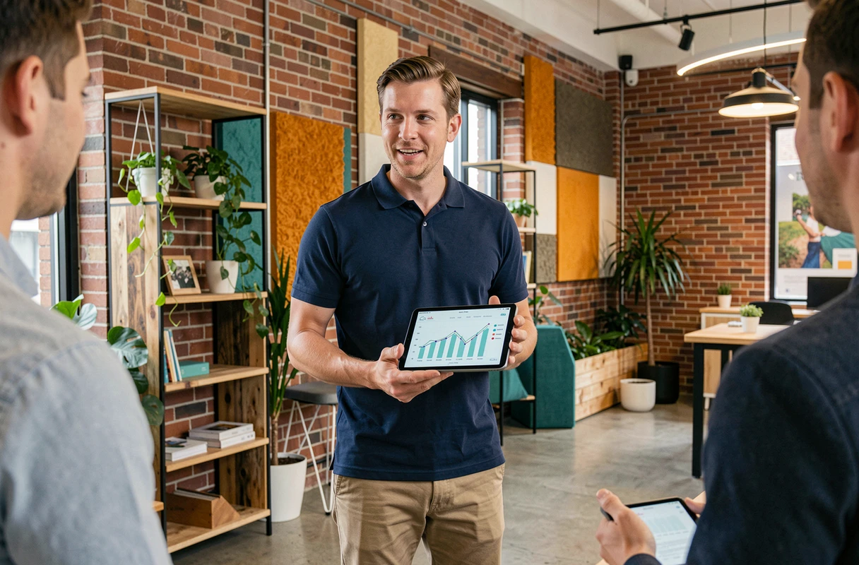 Jeune professionnel canadien dans un espace de coworking moderne tenant une tablette, représentant un emploi bien rémunéré et facile d'accès en 2024
