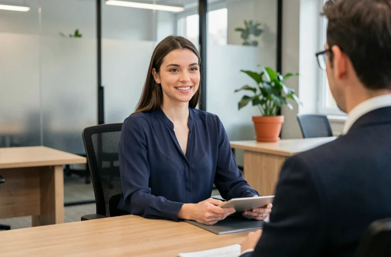 Jeune femme sans diplôme lors d'un entretien d'embauche dans un bureau moderne, exprimant confiance et motivation