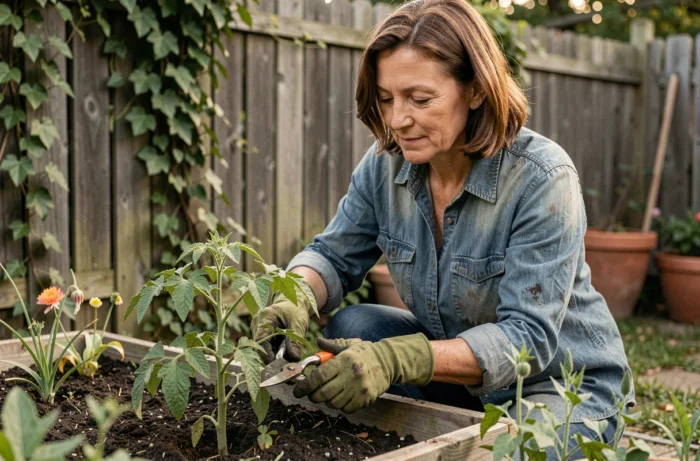 Femme d'une cinquantaine d'années qui taille des plants de tomates dans un potager surélevé avec des gants de jardinage et un sécateur en acier