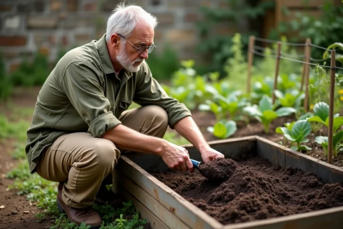 Homme épandant du compost dans un jardin potager bio organisé avec des rangées de légumes et un mur en pierre