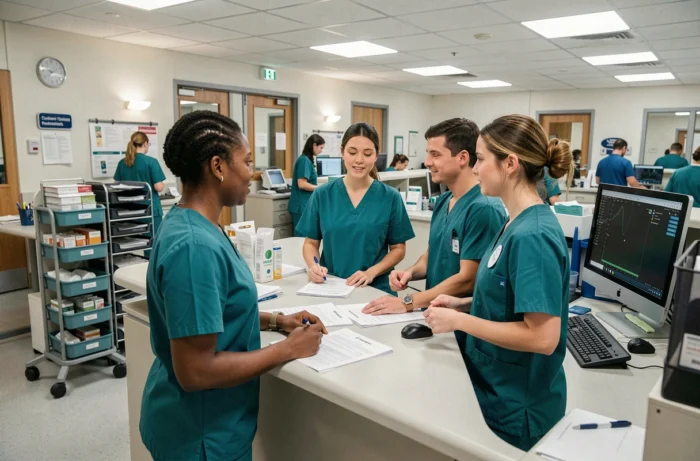 Équipe infirmière en réunion de passation de relève au poste de soins d'un hôpital public français