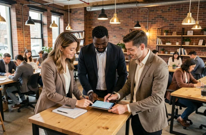 Équipe de personnel extra qualifié collaborant sur un projet dans un espace de coworking moderne