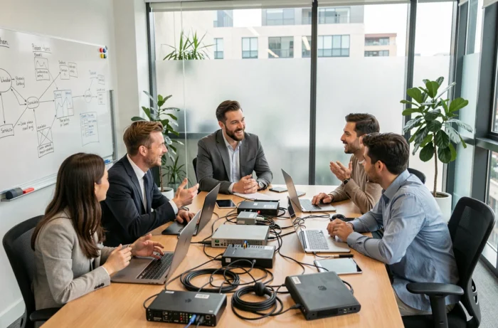Équipe de start-up en pleine croissance collaborant autour de matériel informatique loué en salle de réunion