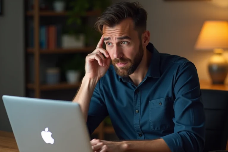 Homme frustré face à une erreur 400 sur son ordinateur portable dans un bureau à domicile