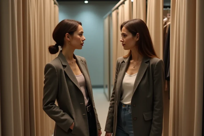 Deux femmes en cabine d'essayage évaluant la coupe et la qualité d'un blazer pour éviter les mauvaises surprises à l'achat