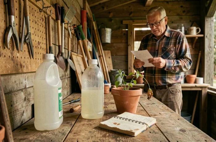 Établi de jardin avec une bouteille d'eau de javel et un carnet de notes illustrant les risques de mélanges chimiques pour les plantes
