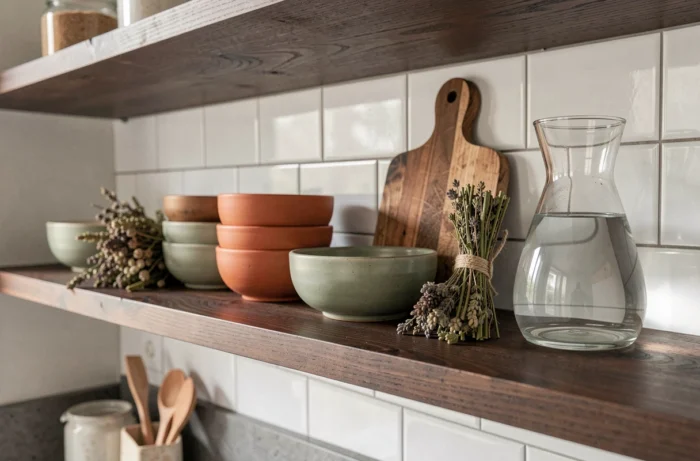 Étagère de cuisine décorée avec des bols en céramique artisanale, des herbes séchées et une planche à découper dans un intérieur moderne et élégant