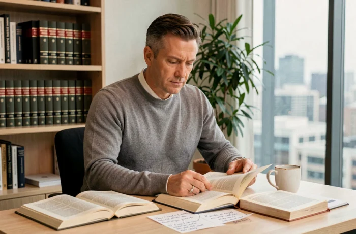 Homme adulte étudiant des documents juridiques et motivationnels dans un bureau à domicile moderne pour booster sa confiance professionnelle