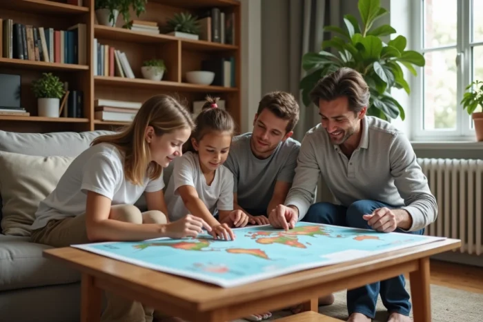 Famille en train de planifier leurs vacances 2026 autour d'un catalogue de voyages dans un salon confortable