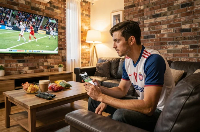 Homme passionné de sport regardant un match en direct sur sa télévision depuis son salon moderne