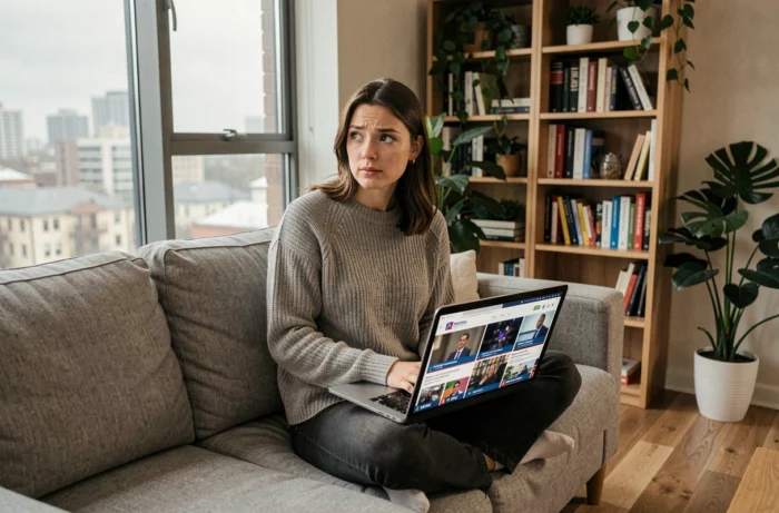 Jeune femme suivant l'actualité en temps réel sur un ordinateur portable depuis son salon moderne