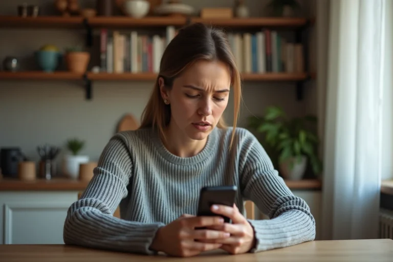 Femme inquiète regardant un appel entrant d'un indicatif 33 3 77 sur son smartphone dans un appartement français