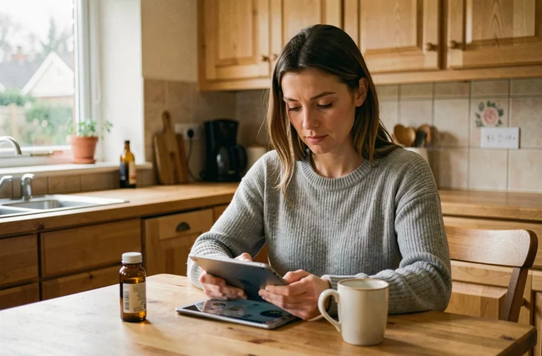 Femme consultant des avis sur un forum santé à propos d'un complément alimentaire contre l'anxiété