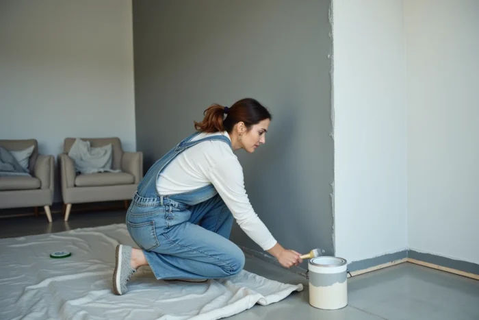 Femme bricolant seule chez elle en train de peindre un mur avec soin lors d'une rénovation intérieure