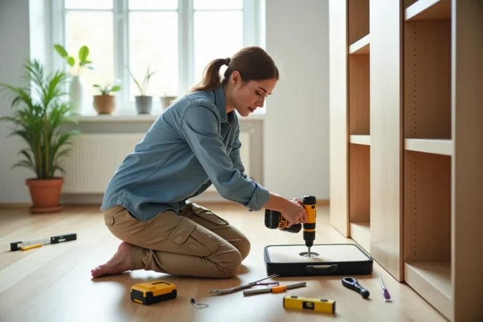 Femme utilisant une perceuse sans fil et des outils de bricolage pour assembler des meubles dans un appartement moderne