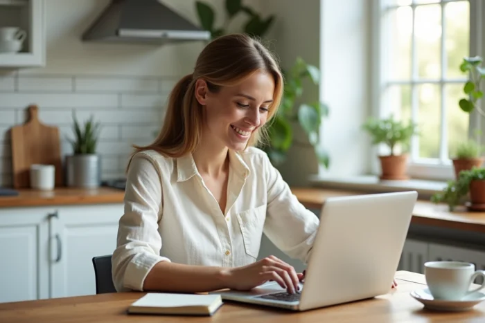 Femme consultant un catalogue de vacances en ligne sur son ordinateur portable dans une cuisine moderne