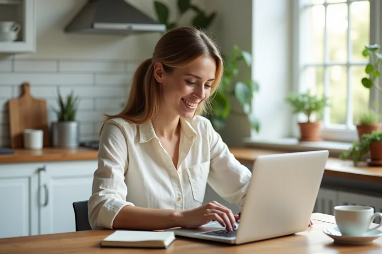Femme consultant un catalogue de vacances en ligne sur son ordinateur portable dans une cuisine moderne