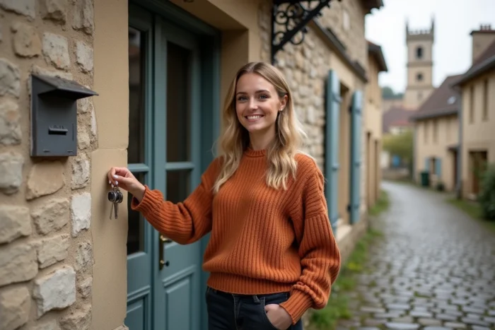 Jeune femme tenant les clés de sa nouvelle maison de village rénovée en Eure-et-Loir