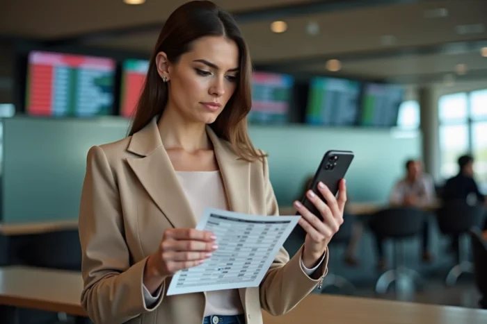 Femme consultant des statistiques de trot sur smartphone dans un espace de paris hippiques