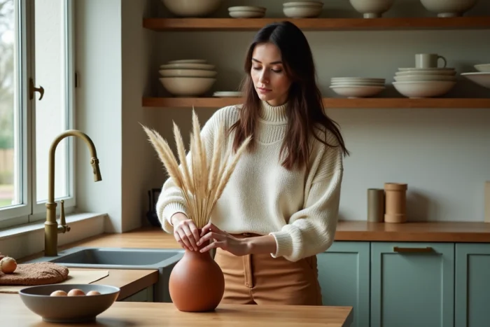 Femme arrangeant des herbes de la pampa dans une cuisine française moderne aux tons naturels et cosy
