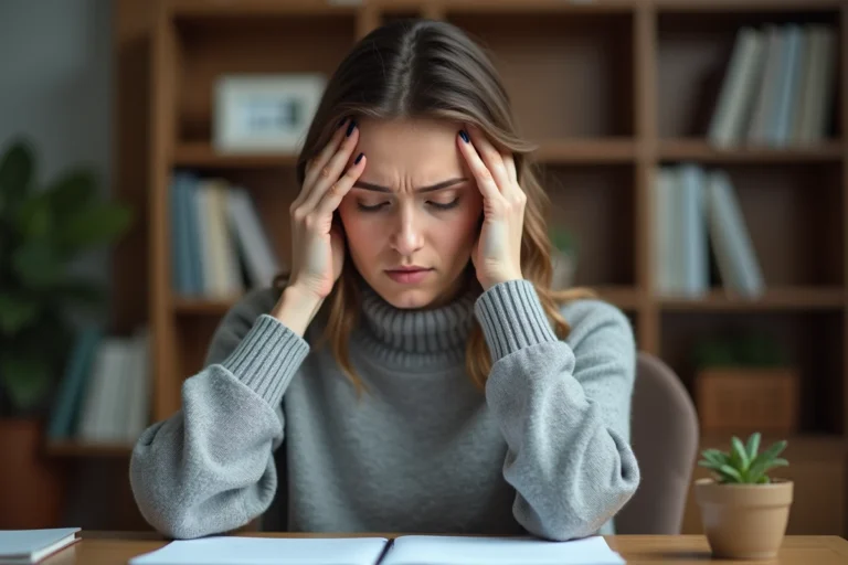 Femme se tenant la tête avec une expression douloureuse, illustrant une sensation de décharge électrique dans la tête