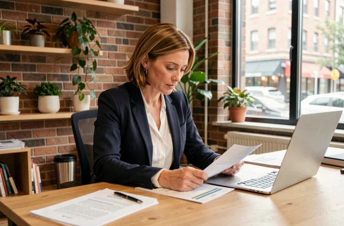 Femme entrepreneure concentrée qui examine des documents d'affaires dans un espace de co-working moderne avec murs en brique apparente