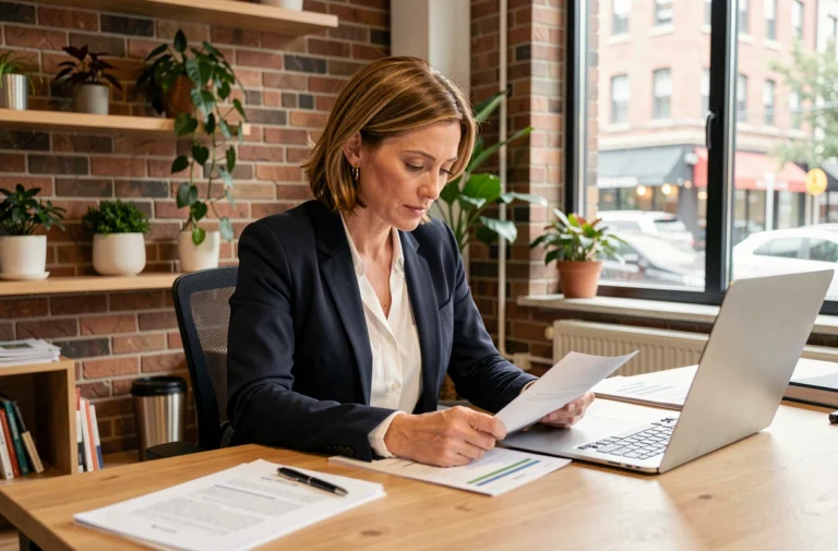 Femme entrepreneure concentrée qui examine des documents d'affaires dans un espace de co-working moderne avec murs en brique apparente