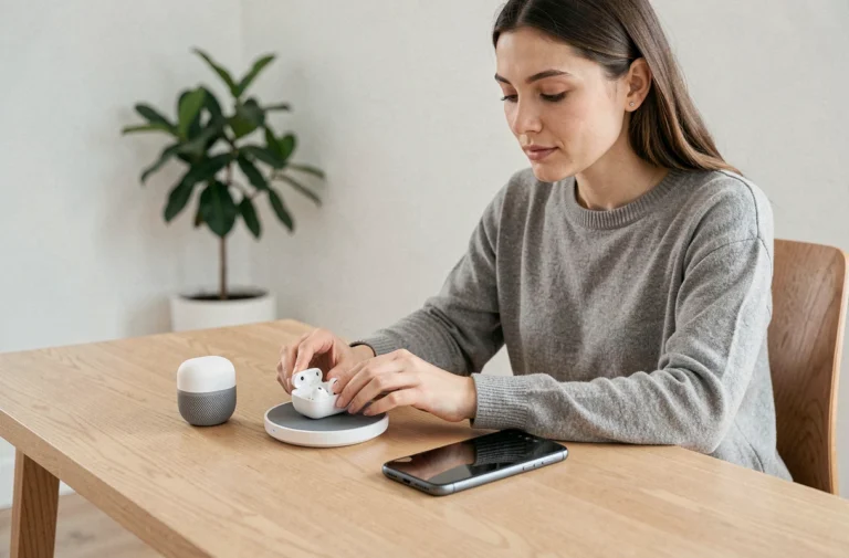 Femme utilisant des gadgets high-tech et appareils connectés sur un bureau minimaliste pour simplifier son quotidien