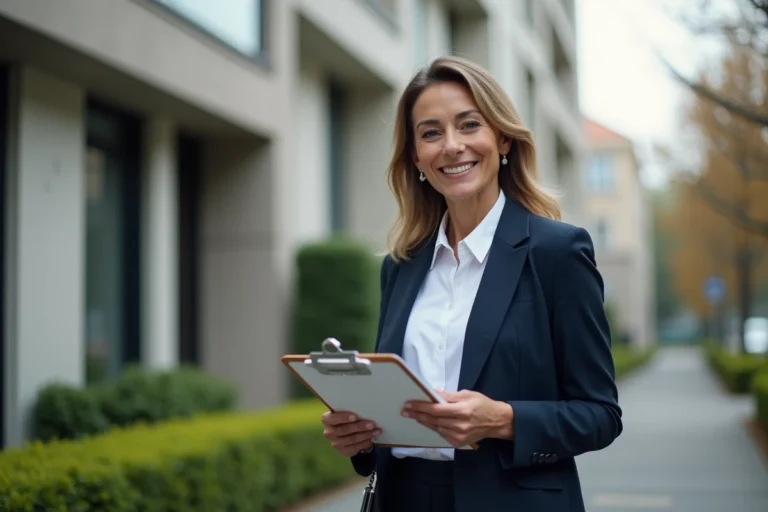 Femme investisseuse immobilière devant un immeuble résidentiel moderne tenant des documents de transaction