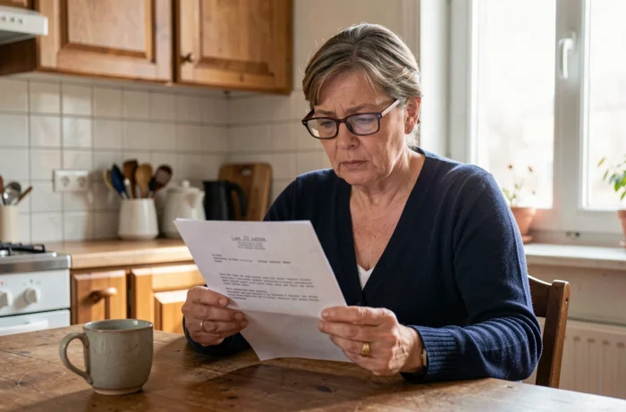 Femme examinant attentivement un avis officiel de multas DGT reçu par courrier postal dans sa cuisine