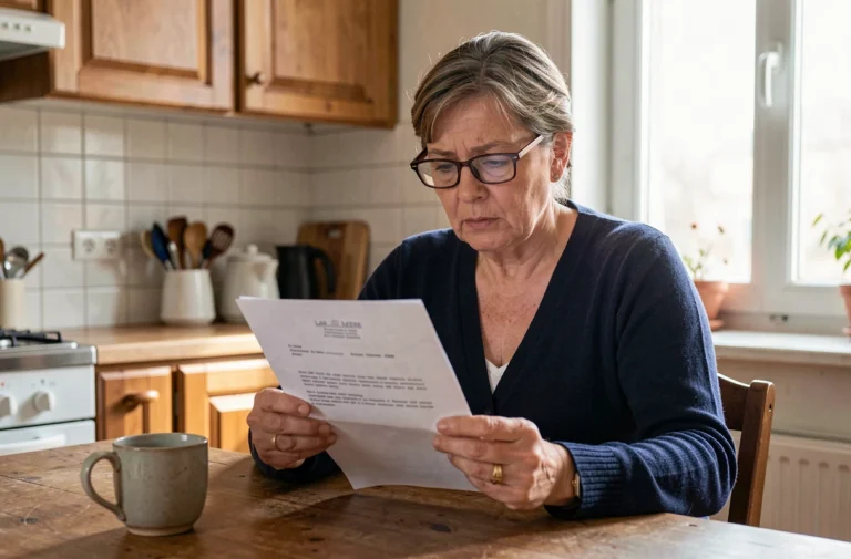 Femme examinant attentivement un avis officiel de multas DGT reçu par courrier postal dans sa cuisine