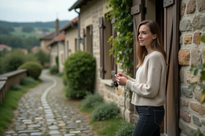 Femme devant une maison de campagne en pierre tenant des clés symbolisant une résidence secondaire