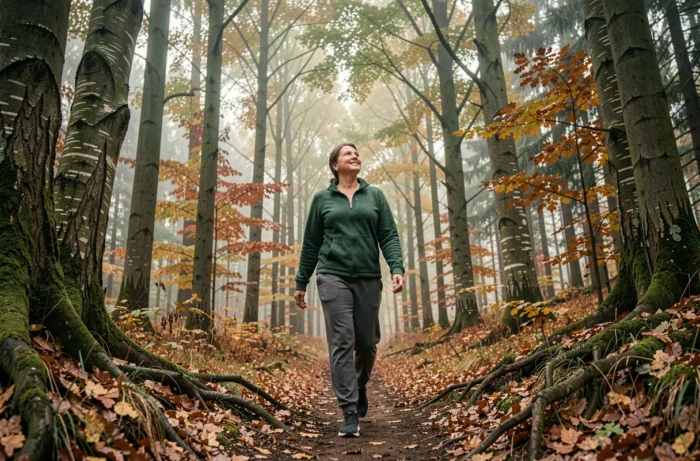 Femme marchant en forêt sur un sentier naturel pour améliorer son bien-être et sa santé au quotidien