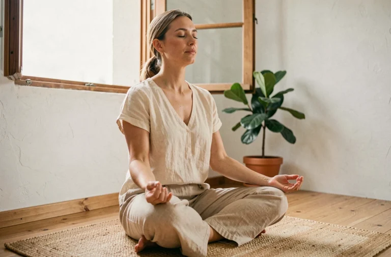 Femme pratiquant la méditation au sol dans un appartement minimaliste pour améliorer son bien-être quotidien naturellement