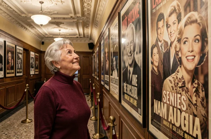 Femme française âgée contemplant des affiches de cinéma vintage dans le hall d'un cinéma classique parisien, exprimant la nostalgie pour les acteurs français de sa génération
