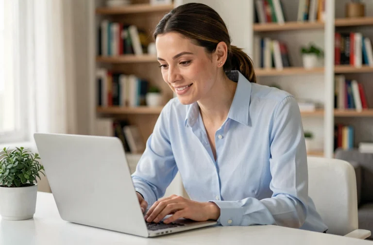 Femme consultant des offres d'emploi en ligne sur un ordinateur portable dans un bureau à domicile moderne