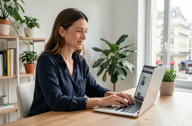 Femme cherchant un emploi en ligne sur un site de recrutement depuis son bureau à domicile à Paris