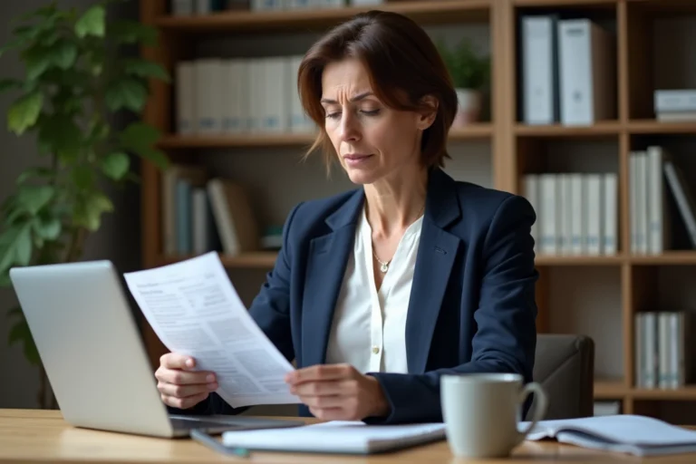 Femme examinant un relevé bancaire avec un prélèvement inconnu à son domicile