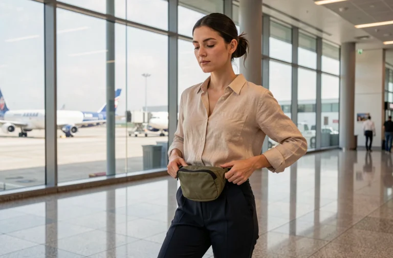 Femme bouclant un sac banane vert olive à l'aéroport avant de prendre l'avion