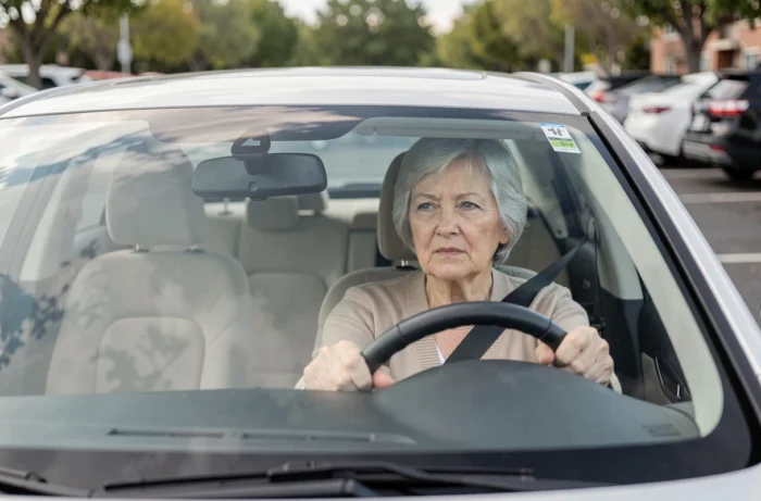 Femme senior assise au volant d'une voiture, concentrée, après avoir récupéré son permis de conduire suite à un AVC